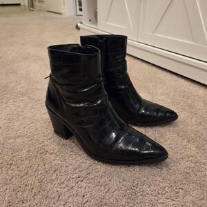 Black Croc-Embossed Ankle Boots